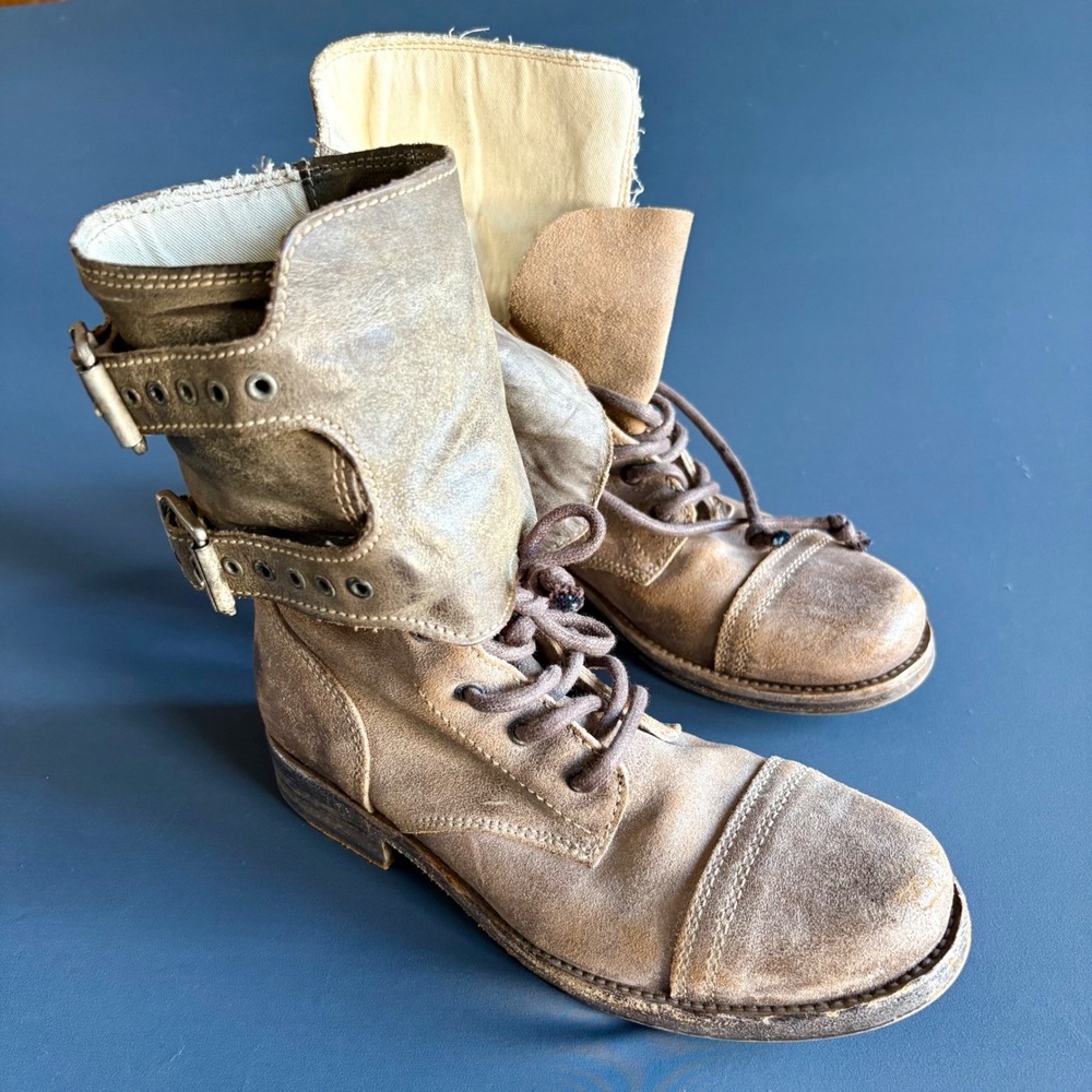 AllSaints Jacks Place Leather Combat Boots Tan Buckle | Sz US 7 | Spitalfields